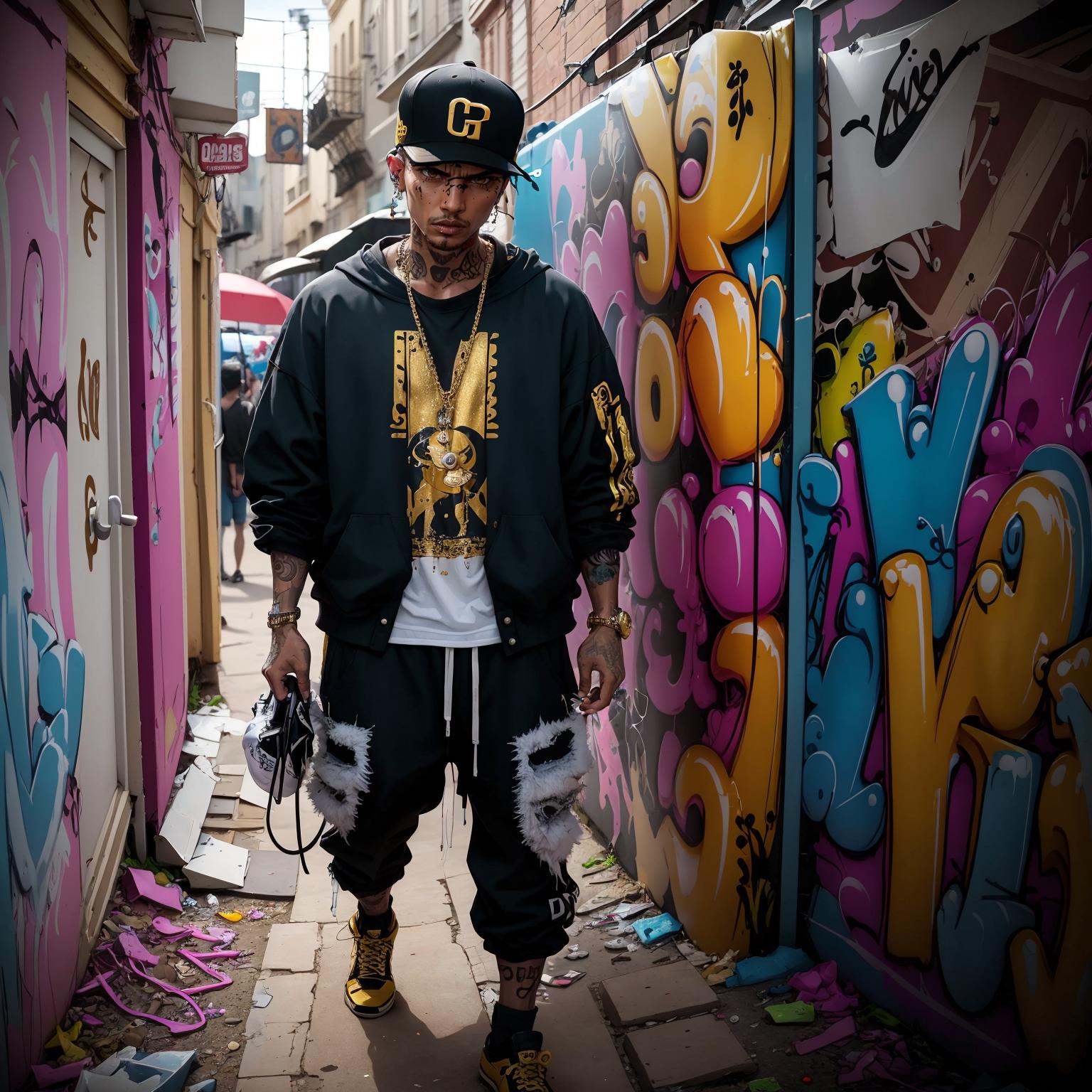 <lora:graffiti:0.7>,graffiti,RAPPER,stage,a gold chain,tattoo,perform,best qualtiy,masterpiece,movie-level quality,, best qualtiy,masterpiece,movie-level quality,