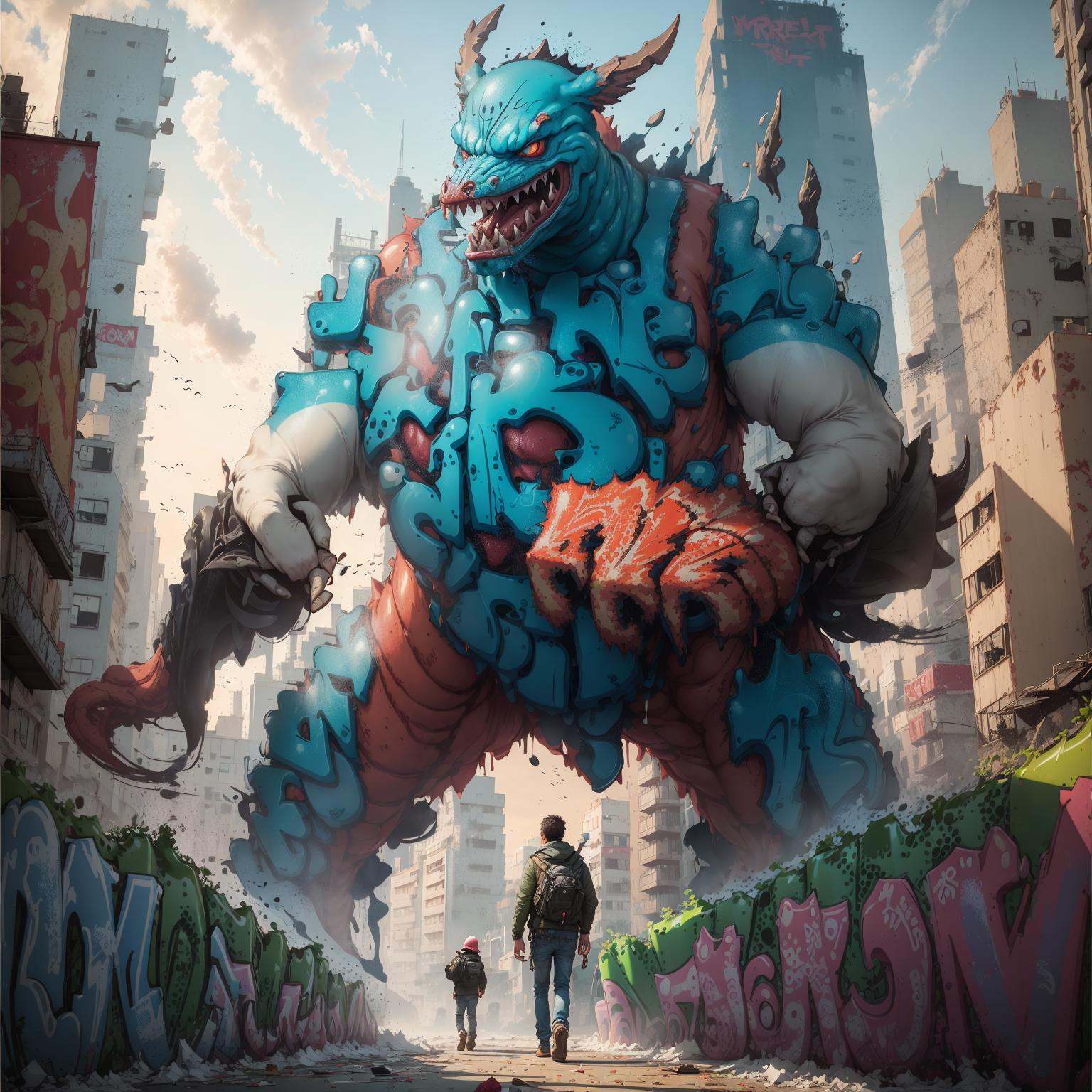 <lora:graffiti:0.8>,graffiti,city street,future city,giant monster,best qualtiy,masterpiece,movie-level quality,