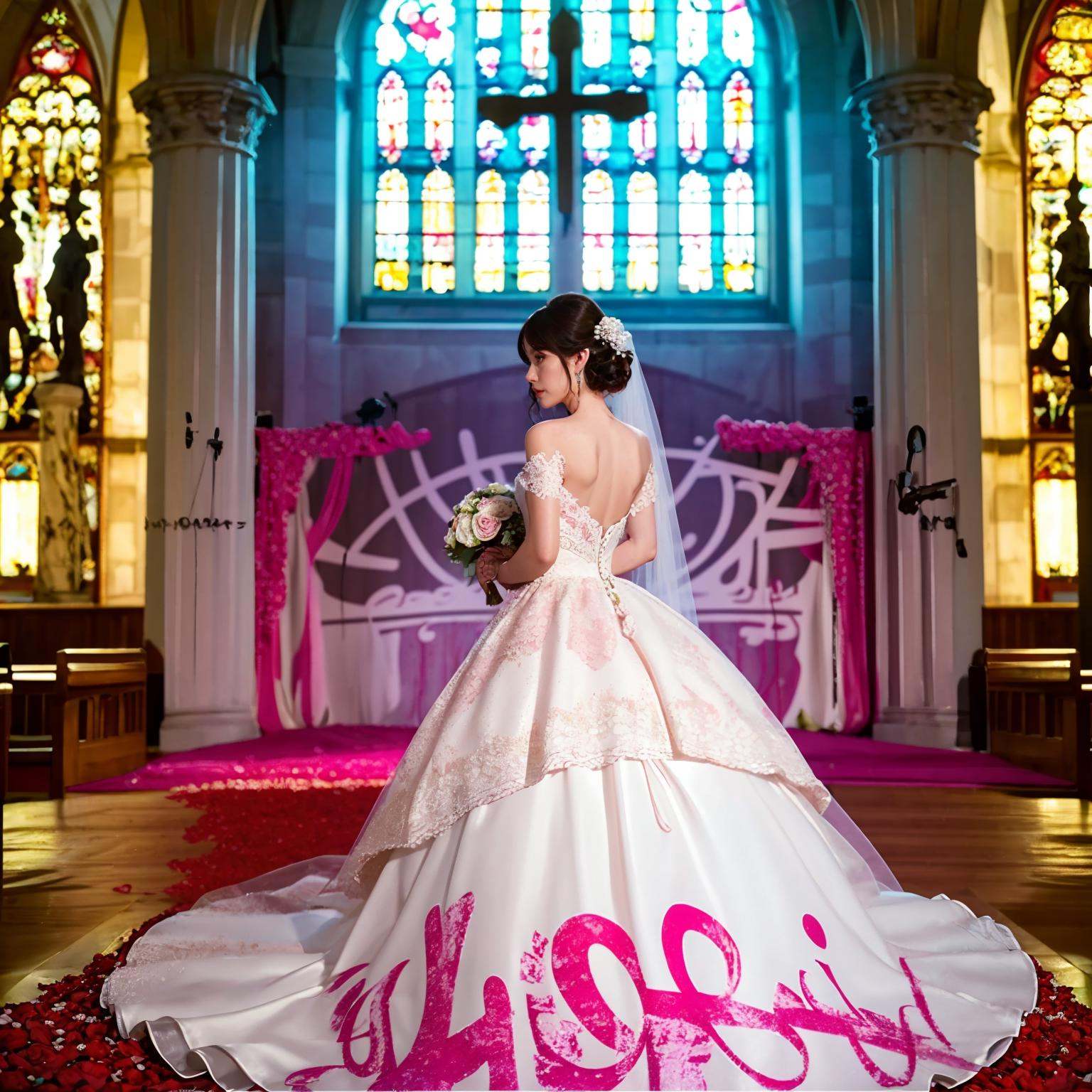 best qualtiy,masterpiece,movie-level quality,<lora:graffiti:0.9>,pink graffitichurch,church,1girl,wedding_dress,, best qualtiy,masterpiece,movie-level quality,