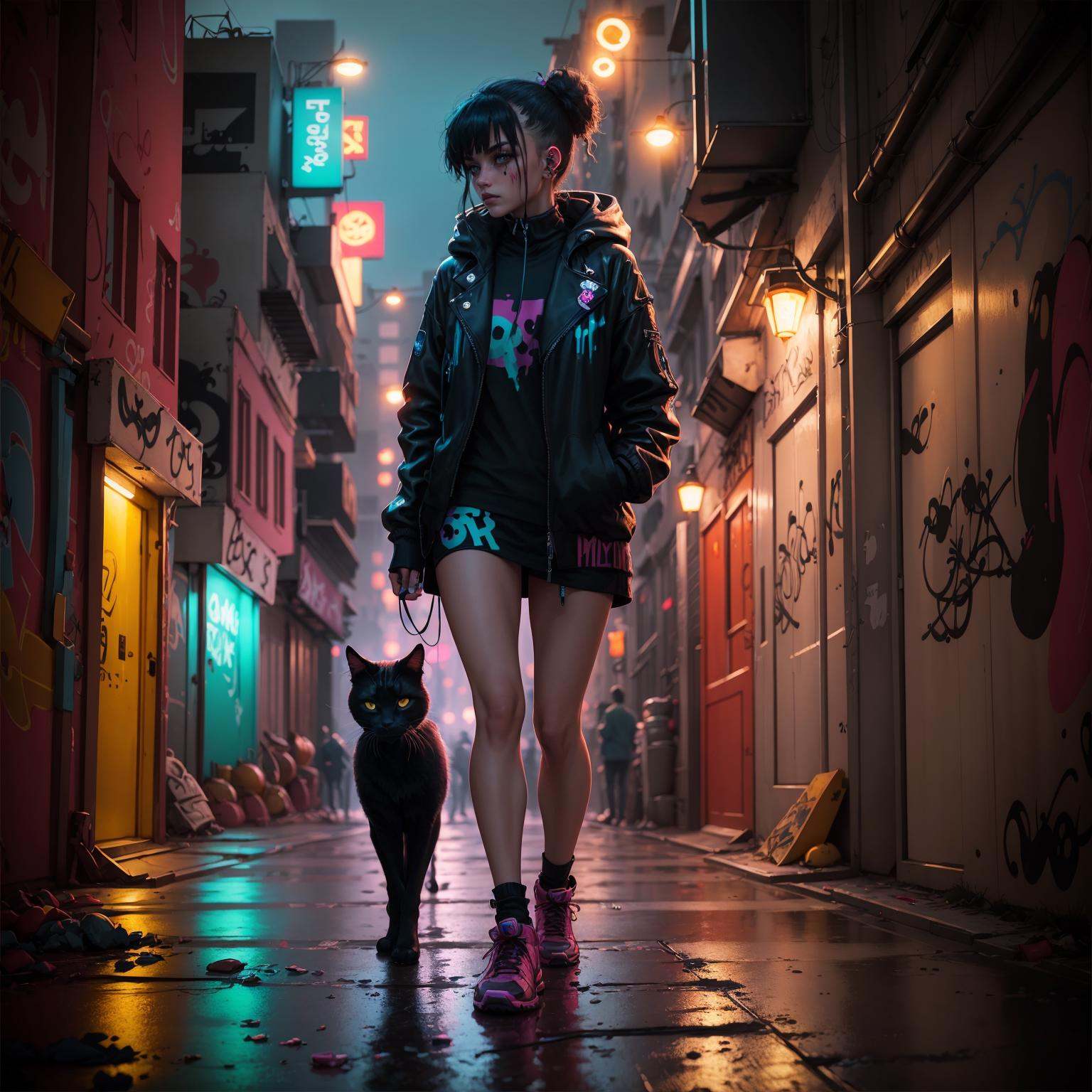 best qualtiy,masterpiece,movie-level quality,<lora:graffiti:0.7>,(graffiti:1.2),cyberpunk,1girl,black cat,street,night,dim light,neon lights,, best qualtiy,masterpiece,movie-level quality,