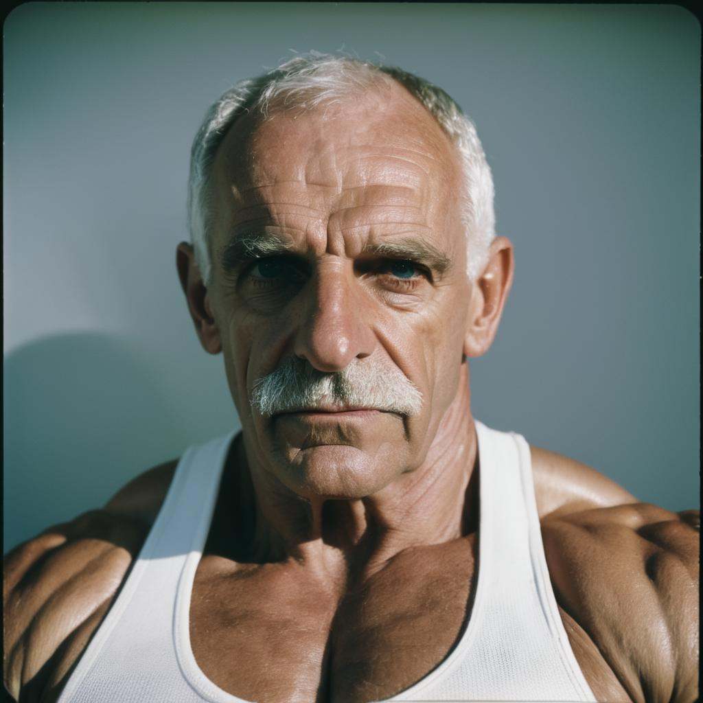 A bodybuilder old man, close-up, portrait,Film Grain, FilmGrainAF,<lora:filmgrainConfig4DEBSemTE:1>