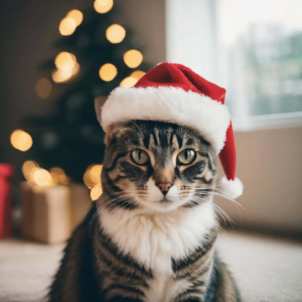 A cat wearing christmas hat,,Film Grain, FilmGrainAF,<lora:filmgrainConfig4DEBSemTE:1>