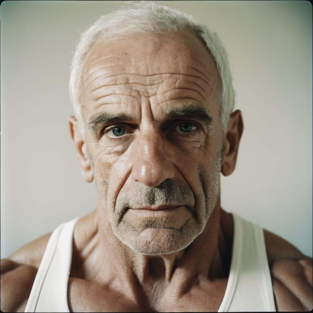 A bodybuilder old man, close-up, portrait,Film Grain, FilmGrainAF,<lora:filmgrainConfig4DEBSemTE:1>