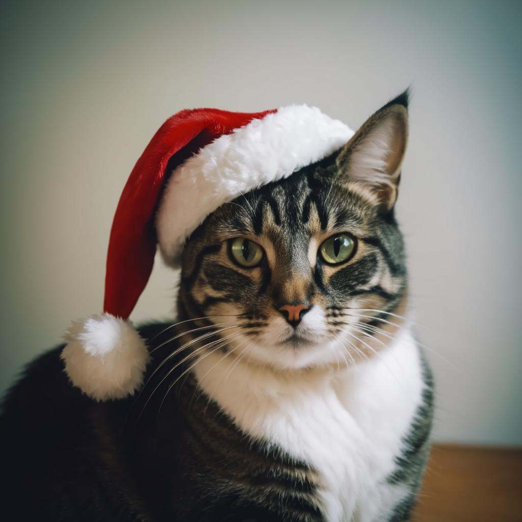 A cat wearing christmas hat,,Film Grain, FilmGrainAF,<lora:filmgrainConfig4DEBSemTE:1>