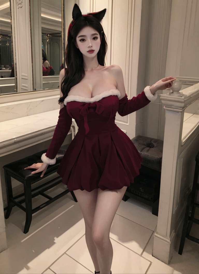 (masterpiece, best quality:1.4),finely detailed,1girl,solo,pale skin,perfect body,(gigantic breasts:1.2),standing,<lora:性感圣诞蝴蝶结抹胸战袍-000008:0.8>,animal ears,dress,red dress,fur trim,