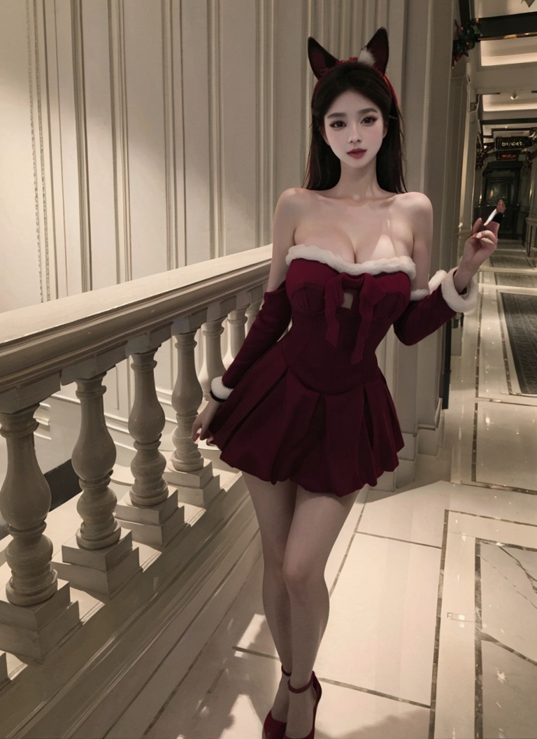 (masterpiece, best quality:1.4),finely detailed,1girl,solo,pale skin,perfect body,(gigantic breasts:1.2),standing,<lora:性感圣诞蝴蝶结抹胸战袍-000008:0.8>,animal ears,dress,red dress,fur trim,
