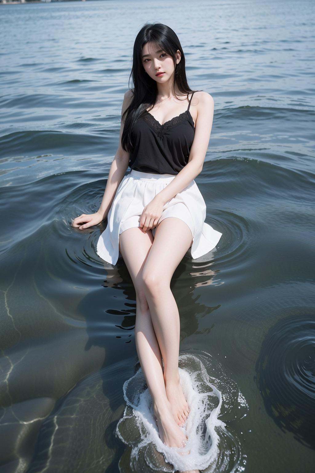 noon,beautiful detailed  water,long black hair,fullbody,beautiful detailed girl,serafuku,view straight on,eyeball,hair flower,