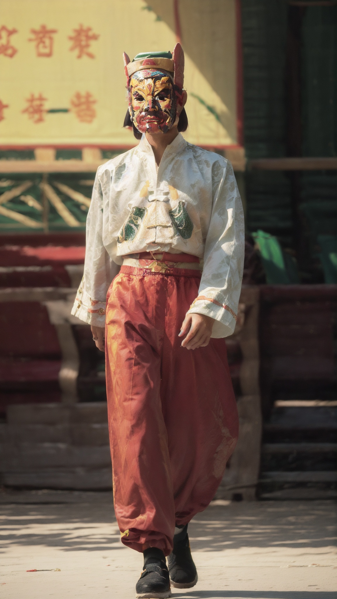 nuoxi,<lora:nuoxi-000005:1>,<lora:add_detail:0.3>,fine - art photography,soft portrait shot 8 k,unsplash,kodak ultra max 800,85 mm,mask,male focus,standing,hat,pants,black footwear,outdoors,red pants,photo background,