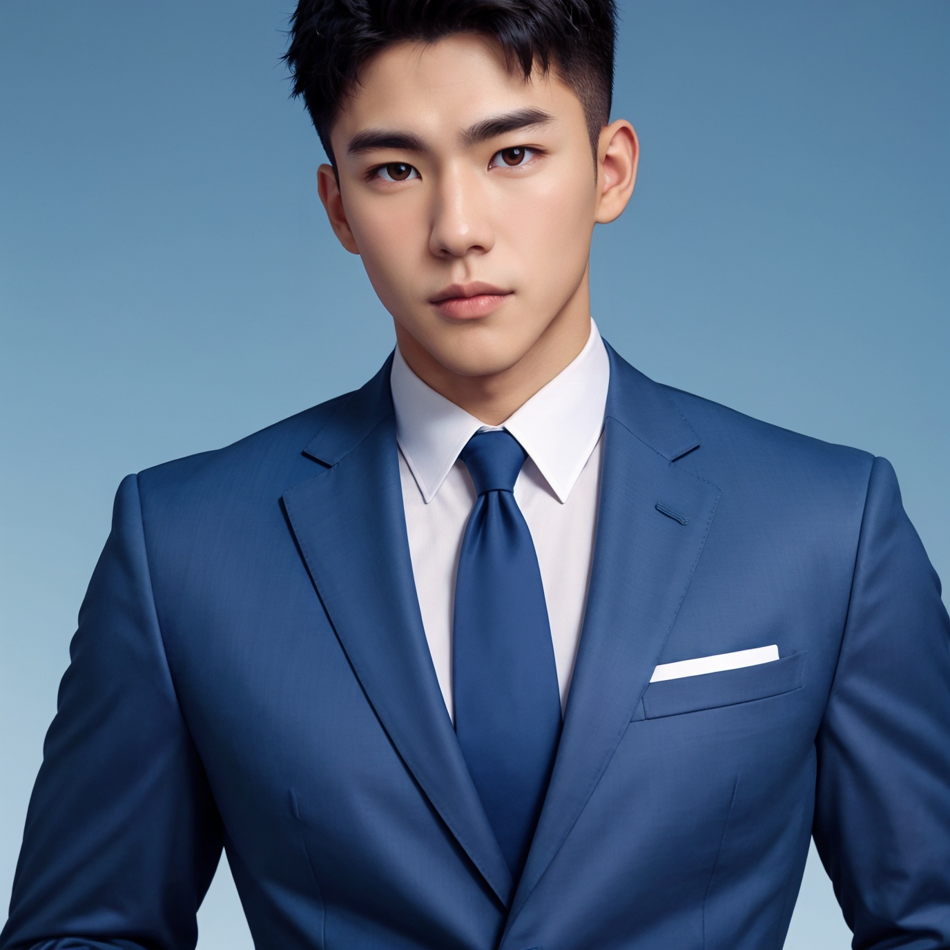 masterpiece,1 boy,Look at me,Handsome,Blue gradient background,Above the chest,Business suit,Close-up,super detail,best quality,textured skin,,