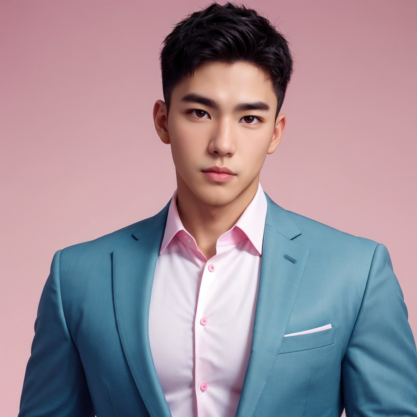 masterpiece,1 boy,Look at me,Handsome,Pink gradient background,Above the chest,Business suit,Close-up,super detail,best quality,textured skin,,