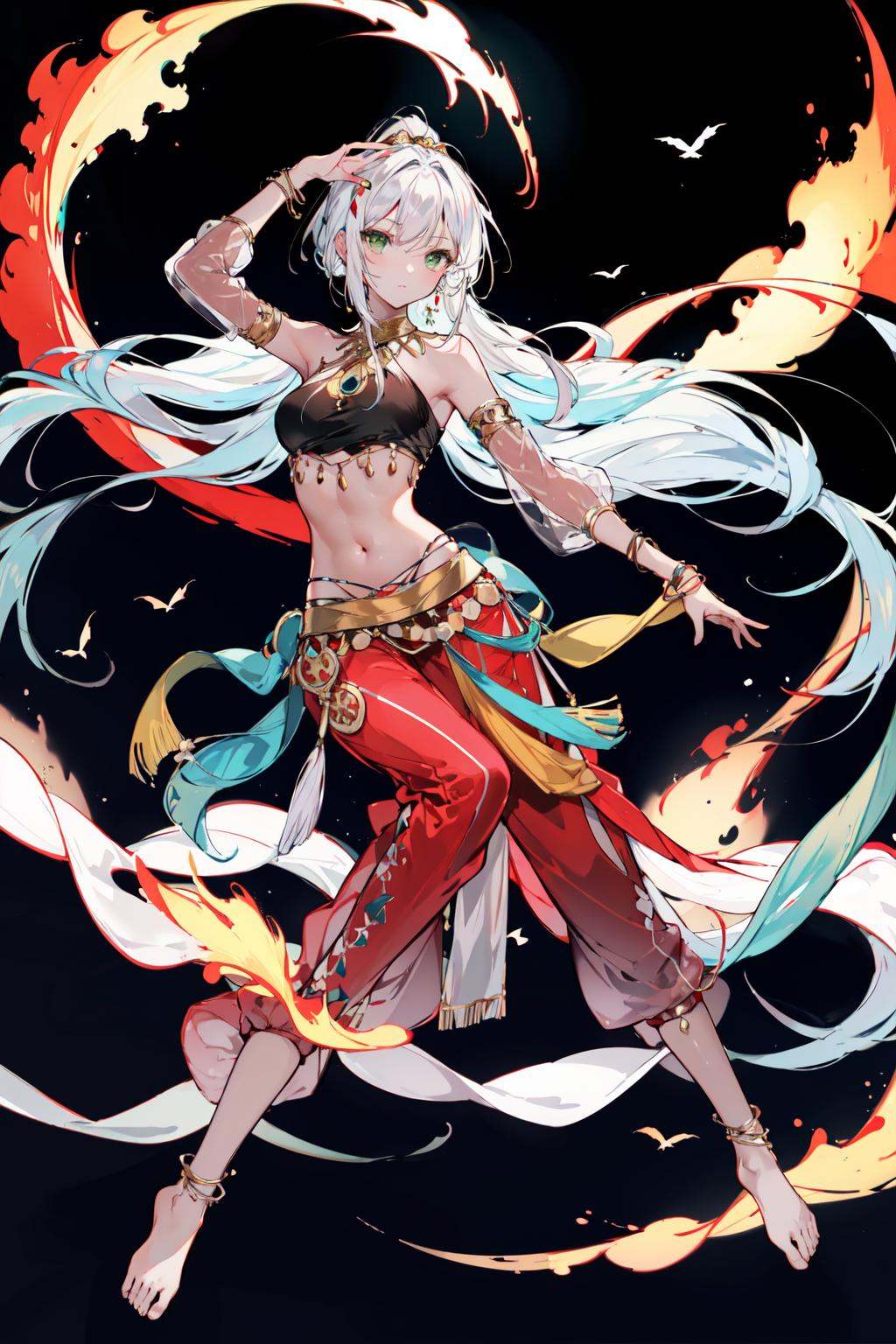 -dance dive, 1girl, long hair, navel, barefoot, jewelry, green eyes, bird, full body, pants, very long hair, harem outfit, harem pants, see-through, dancer, black background, solo, looking at viewer, anklet, bare shoulders, simple background, breasts, bracelet, veil, necklace, dark skin, closed mouth, armlet, ponytail, bangs, animal, red pants, detached sleeves, dark-skinned female, stomach, midriff, white hair, arabian clothes, mouth veil, forehead jewel<lora:dancing diva-000018:0.8>,
