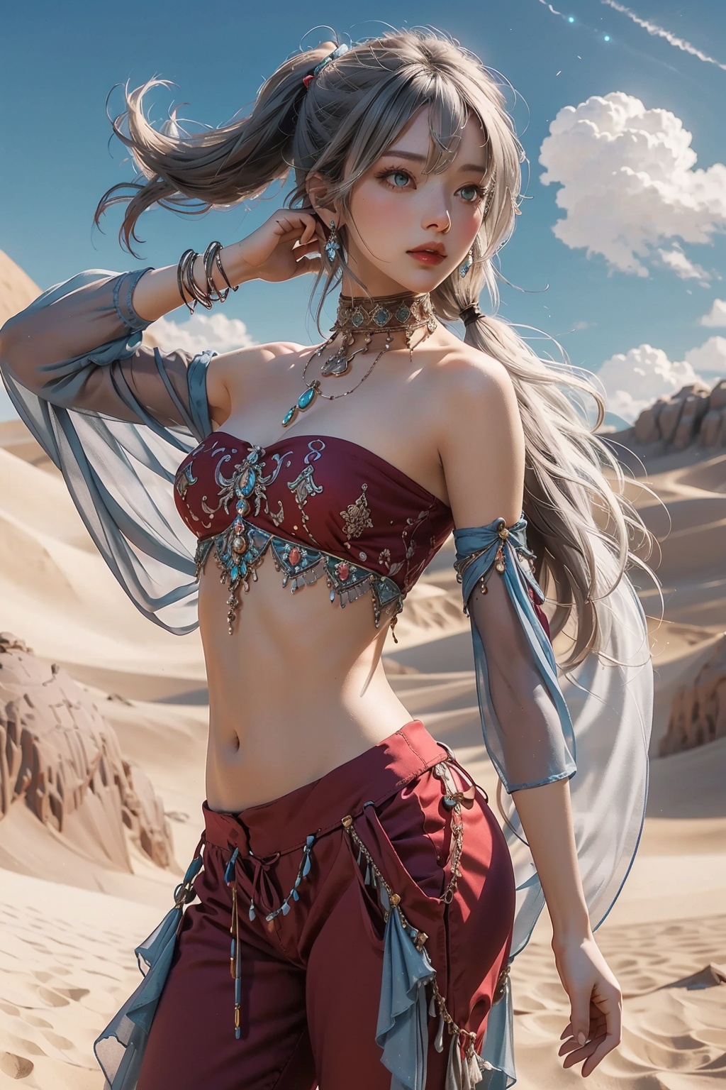 (masterpiece:1.2),best quality,realistic,photorealistic,dance dive,solo,green eyes,jewelry,detached sleeves,pants,1girl,dancer,earrings,see-through,long hair,veil,arabian clothes,harem outfit,arm up,bare shoulders,harem pants,twintails,shawl,navel,gem,closed mouth,bangs,necklace,grey hair,standing,hair between eyes,bandeau,neck ring,cowboy shot,sky,mouth veil,choker,small breasts,very long hair,o-ring,breasts,desert,looking away,crossdressing,red pants,low twintails,<lora:dancing diva-000018:0.8>,