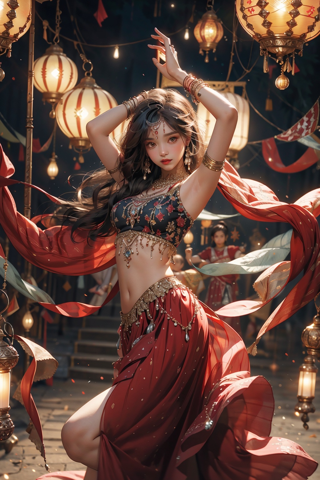(masterpiece:1.2),best quality,realistic,photorealistic,dance dive, 1girl, solo, long hair, jewelry, looking at viewer, bracelet, arms up, skirt, navel, black hair, armlet, earrings, midriff, dancer, gem, lantern, blurry, necklace, red skirt, long skirt, head chain, dancing, breasts, standing, closed mouth, bare shoulders, lamp, armpits, light particles, bangs<lora:dancing diva-000018:0.8>,