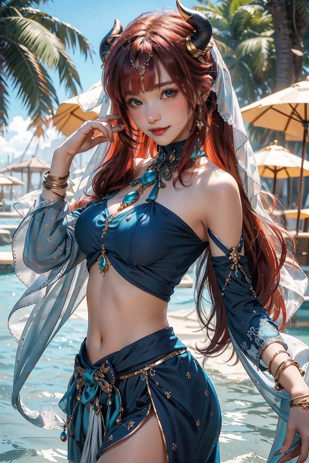 (masterpiece:1.2),best quality,realistic,photorealistic,dance dive, 1girl, solo, veil, smile, nilou \(genshin impact\), long hair, red hair, horns, breasts, navel, brooch, jewelry, looking at viewer, skirt, long sleeves, stomach, outdoors, bangs, thighlet, detached sleeves, harem outfit, twintails, neck ring, medium breasts, puffy long sleeves, bracer, puffy sleeves, crop top, closed mouth, thighs, parted bangs, blue skirt, circlet, bare shoulders, water, blue sky, tree, gold trim, hand up, blush, very long hair, sky, day, bow, vision \(genshin impact\), cowboy shot, aqua eyes, gem<lora:dancing diva-000018:0.8>,