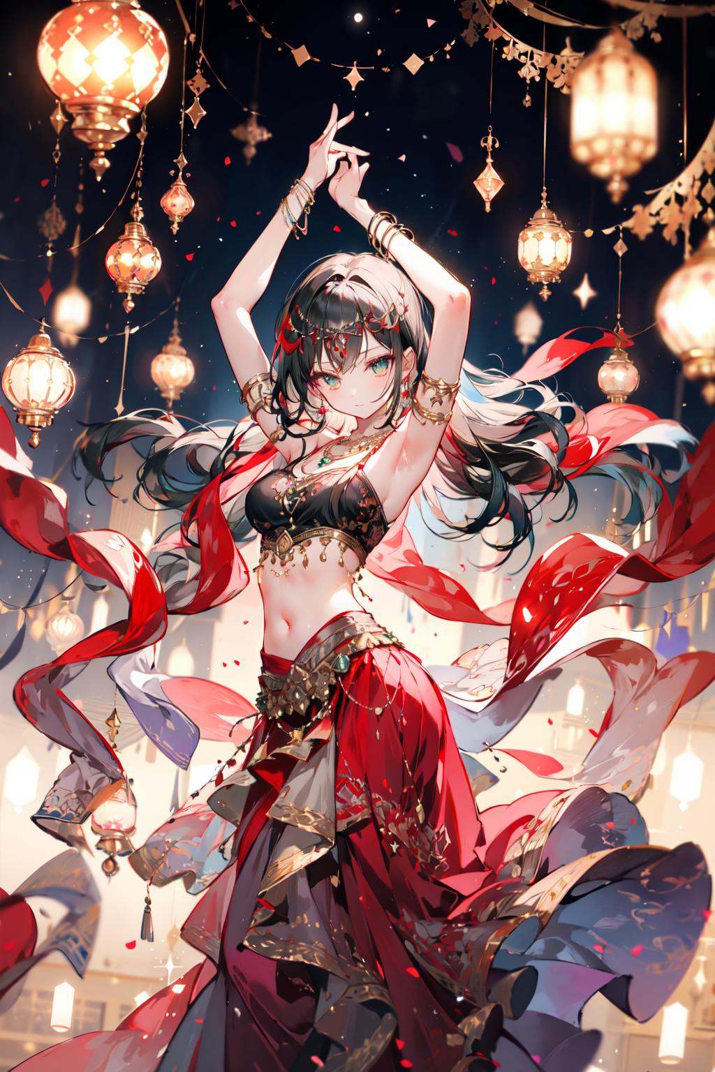 -dance dive, 1girl, solo, long hair, jewelry, looking at viewer, bracelet, arms up, skirt, navel, black hair, armlet, earrings, midriff, dancer, gem, lantern, blurry, necklace, red skirt, long skirt, head chain, dancing, breasts, standing, closed mouth, bare shoulders, lamp, armpits, light particles, bangs<<lora:dancing diva-000018:0.8>,