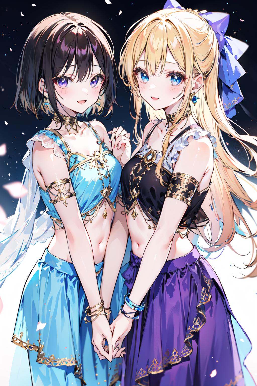 -dance dive, multiple girls, 2girls, blonde hair, jewelry, smile, holding hands, earrings, navel, blue eyes, skirt, bracelet, black hair, short hair, midriff, :d, long hair, open mouth, collarbone, hair ornament, bangs, bare shoulders, red bow, armlet, closed mouth, looking at another, purple eyes, blush, blue skirt, shirt, yuri, short sleeves, brown eyes<lora:dancing diva-000018:0.8>,