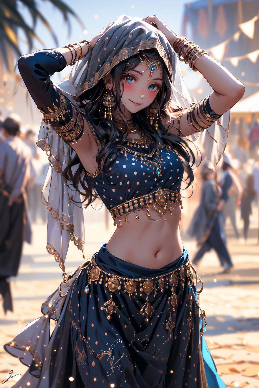 -dance dive, 1girl, jewelry, navel, bracelet, long hair, blue eyes, midriff, blush, skirt, blurry, armlet, black hair, veil, crop top, looking at viewer, solo focus, smile, arabian clothes, blurry background, signature, breasts, arms up, closed mouth, necklace, dancer, depth of field, see-through, earrings, cowboy shot, bangs, stomach, gold, polka dot, gold trim, black skirt, shirt<lora:dancing diva:1>,