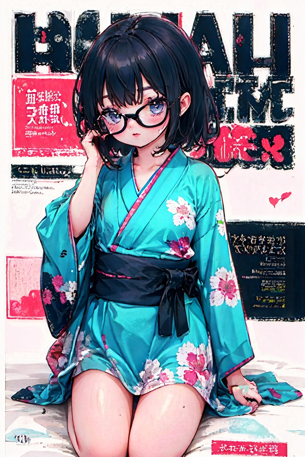  1girl, adjusting_eyewear,long_hair, white_background,, yinyou, yukata re