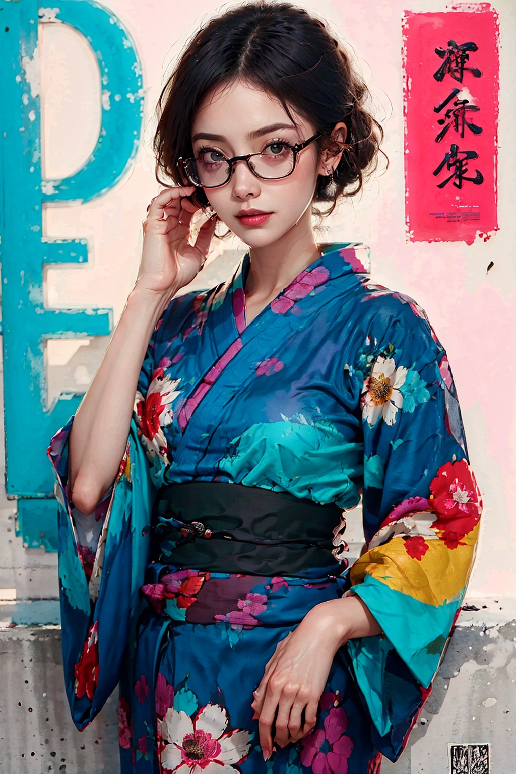  1girl, adjusting_eyewear,long_hair, white_background,, yinyou, yukata re