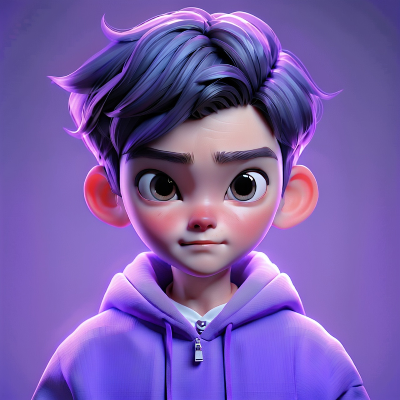1boy,cruel,purple background,in the style
of vray tracing,shiny/glossy,, bold character designs, realistic impression, 8k, Anime,trend,Front, upper body,Hoodies