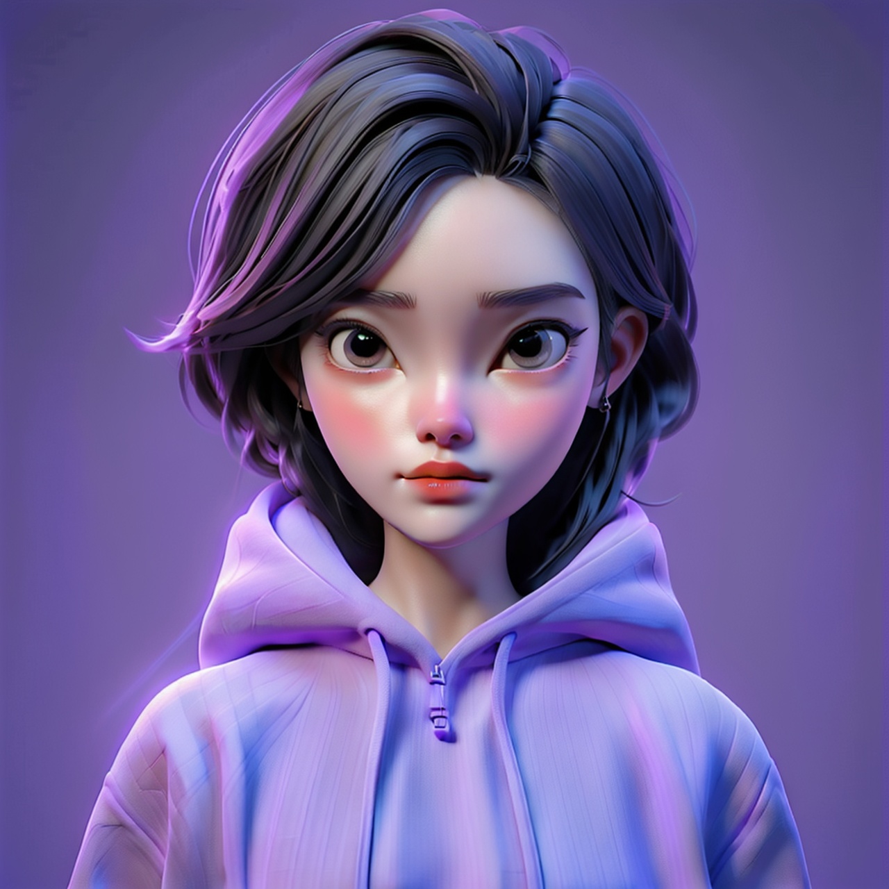 1gril,cruel,purple background,in the style
of vray tracing,shiny/glossy,, bold character designs, realistic impression, 8k, Anime,trend,Front, upper body,Hoodies