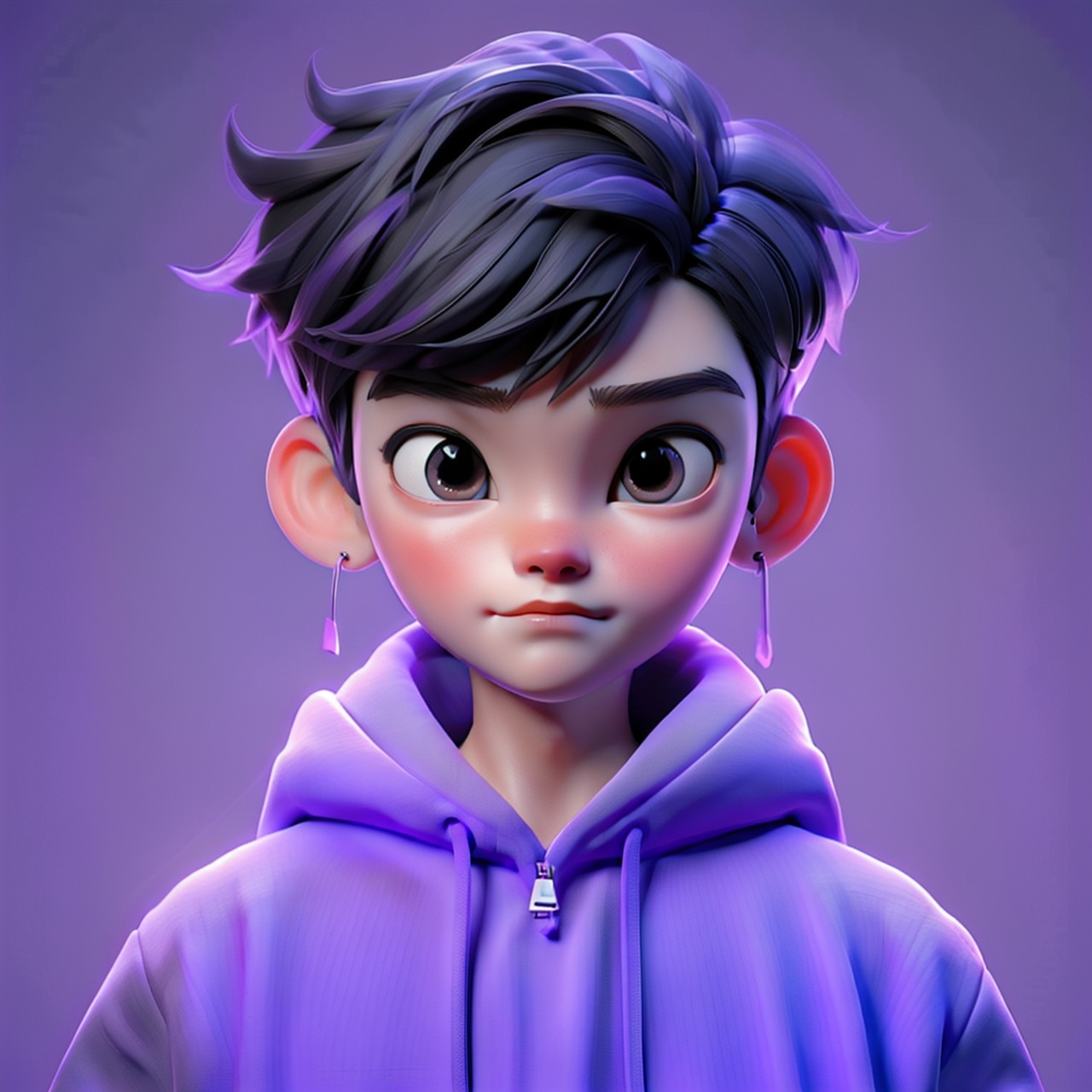  1boy,cruel,purple background,in the style
of vray tracing,shiny/glossy,, bold character designs, realistic impression, 8k, Anime,trend,Front, upper body,Hoodies,Personality, Earrings