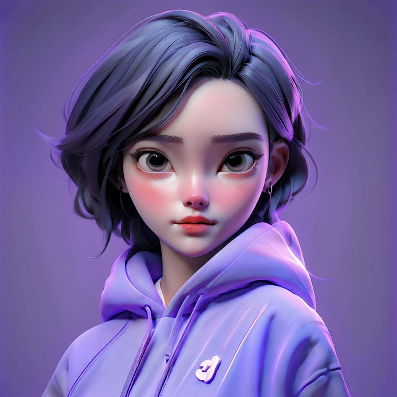 1gril,cruel,purple background,in the style
of vray tracing,shiny/glossy,, bold character designs, realistic impression, 8k, Anime,trend,Front, upper body,Hoodies
