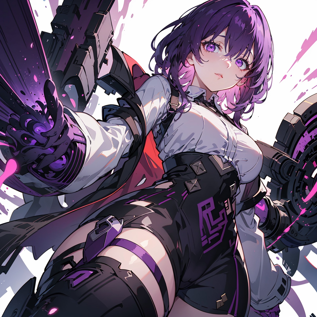 illustration, masterpiece, best quality, extremely detailed, wallpaper,
8k, mysterious, vivid color, shiny, best quality, intricate, good anatomy, beautiful lighting,

HUBG_KAFKA, 21yo girl, solo, white background,
purple eyes, purple hair, purple skirt, 
Dynamic angle, purple theme, particle effects, 

wide shot, from below, volumetric lighting, detailed eyes, , HUBG_KAFKA