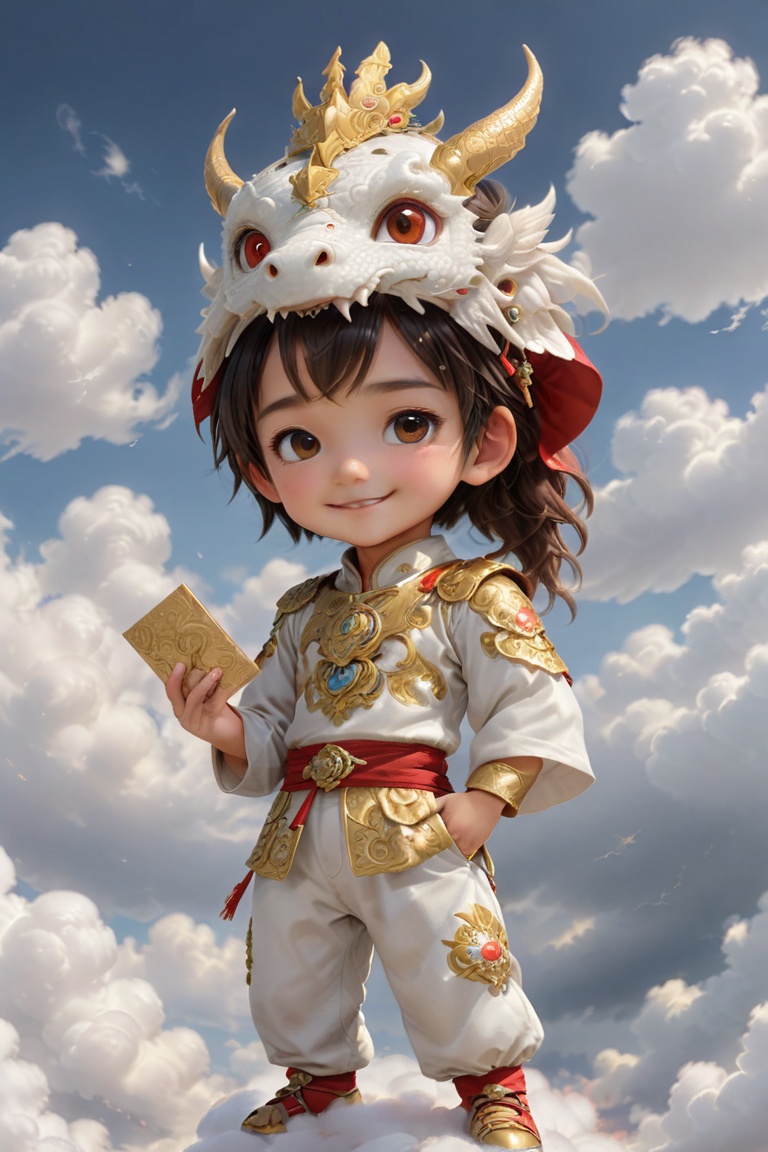 1boy, standing on the white clouds, solo, long hair, smiling, holding a small envelope, shut up, smiling, dragon headdress, cute white gold top and pants,