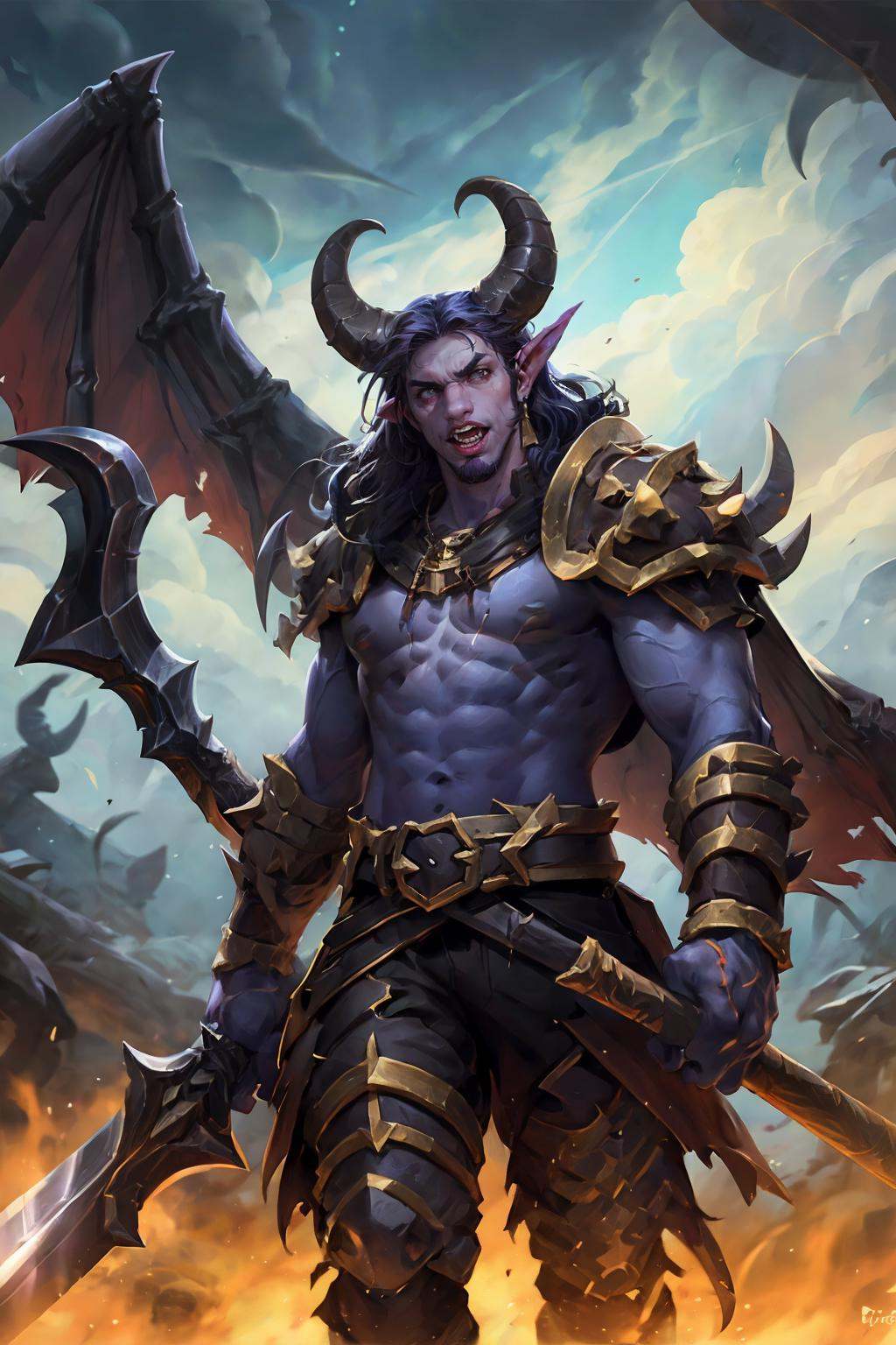 HEZI, Hearthstone, horns, wings, weapon, male focus, glowing, glowing eyes, cloud, multiple boys, muscular, sky, holding, cloudy sky, long hair, colored skin, 3boys, topless male, holding weapon, scythe, pointy ears, extra arms, demon, fire, muscular male, polearm, demon wings, sword, night, solo focus, open mouth, tattoo, demon horns, black hair, 1boy, outdoors, dual wielding, standing, bow \(weapon\), abs, night sky, glowing weapon, purple skin, rock, pants, jewelry, spear<lora:盒子系列——炉石传说风格:0.7>,