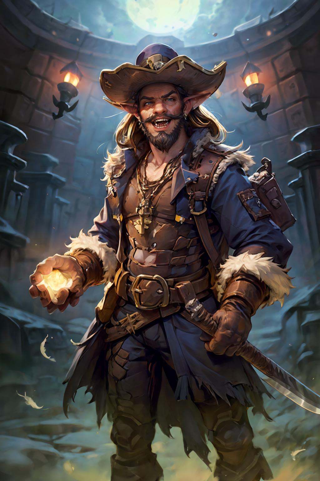 HEZI, Hearthstone, facial hair, 1boy, male focus, teeth, beard, candle, solo, hat, knife, open mouth, feathers, belt, gloves, boots, fire, furry, dagger, skull, potion, pirate hat, lantern, furry male, blue eyes, alternate costume, weapon, artist name, pointy ears, animal ears, bag, jewelry, brown hair, key, mouse, torn clothes, fangs, mustache, night, sky, glowing, earrings, colored skin, rope, long hair, backpack, holding, fur trim, bottle, standing<lora:炉石传说-000006:0.7>,
