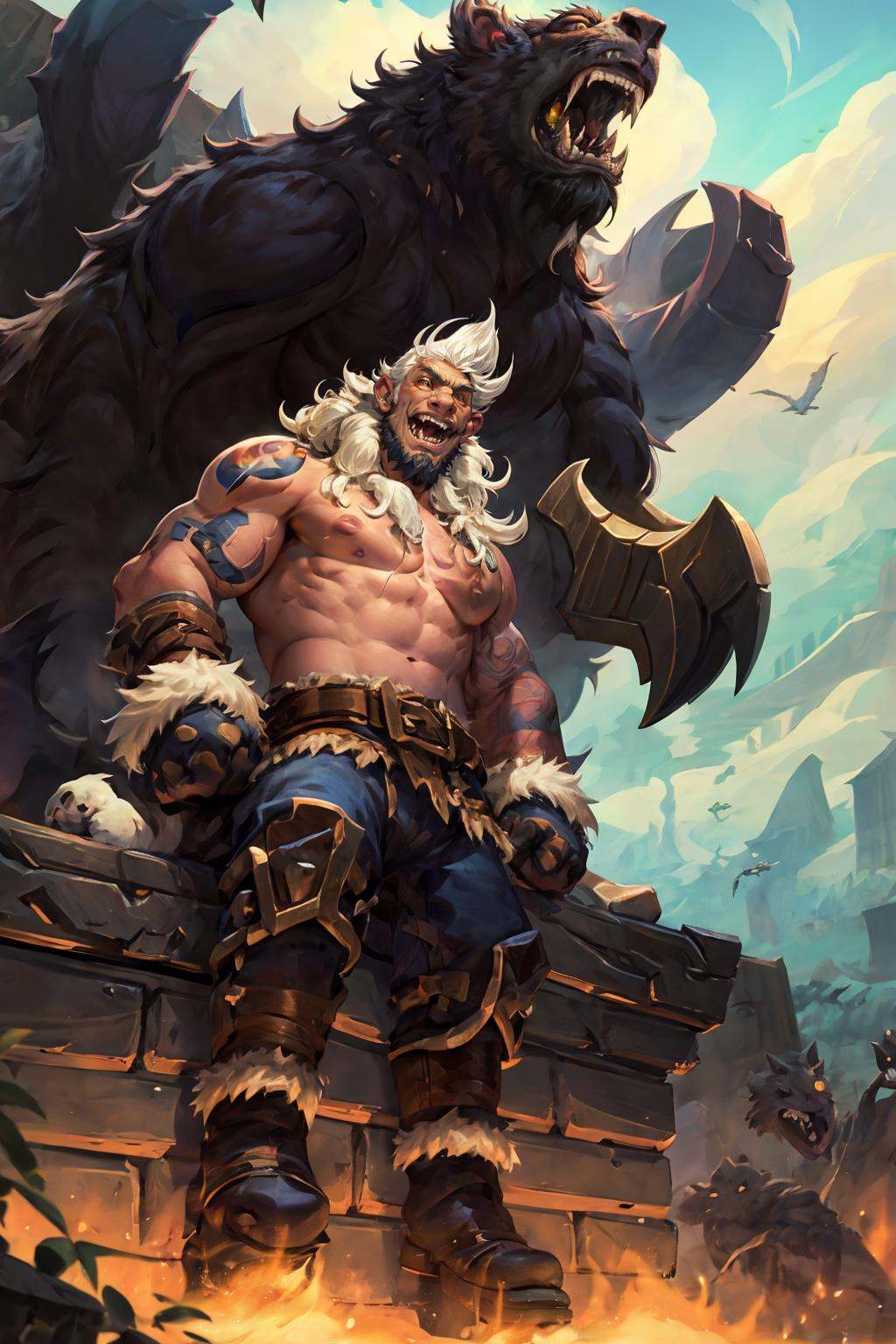 HEZI, Hearthstone, bird, 1boy, topless male, beard, facial hair, muscular, white hair, male focus, sky, teeth, tattoo, day, abs, bear, animal, open mouth, cloud, yellow eyes, fangs, fire, sharp teeth, outdoors, belt, blue sky, boots, pectorals,<lora:盒子系列——炉石传说风格:0.7>,