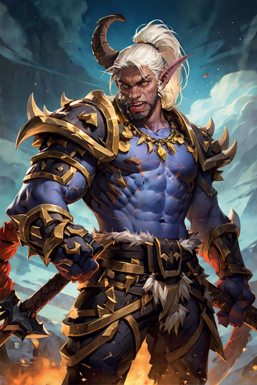 HEZI, Hearthstone, male focus, 1boy, weapon, sword, solo, horns, facial hair, colored skin, beard, red skin, white hair, topless male, long hair, pointy ears, beads, ponytail, jewelry, abs, necklace, teeth, fangs, muscular, colored sclera, fingernails, yellow eyes, black sclera, tattoo, sky, planted, fire, veins, sharp fingernails, red eyes, rope, pectorals, open mouth, long fingernails, cloud, demon, tongue, planted sword, high ponytail, armor, embers, looking at viewer, nail polish, tusks<lora:盒子系列——炉石传说风格:0.7>,