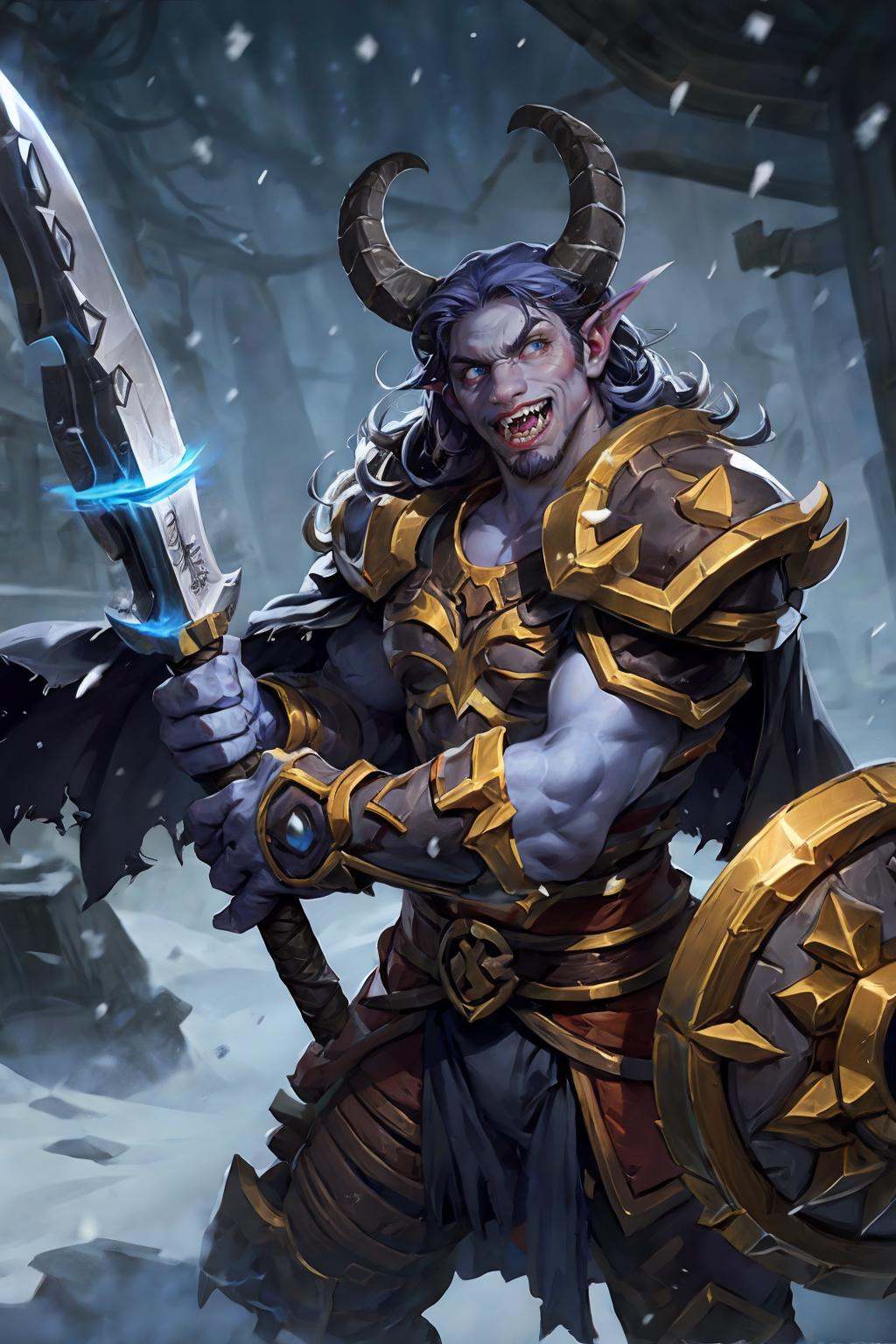 HEZI, Hearthstone, solo, 1boy, blue eyes, horns, glowing eyes, male focus, blue skin, teeth, weapon, glowing, armor, cape, colored skin, helmet, shield, axe, snow, snowing, hammer, holding, looking at viewer, furry, furry male, fur trim, fangs, breasts, staff, sharp teeth, artist name, muscular<lora:炉石传说-000006:0.7>,
