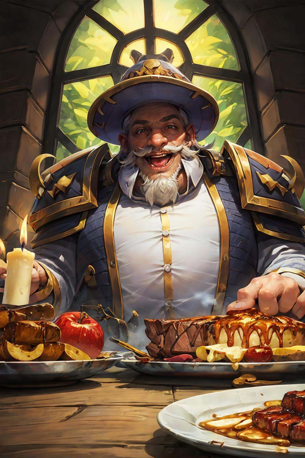 HEZI, Hearthstone, candle, male focus, 1boy, food, bread, facial hair, beard, knife, solo, muscular male, armor, indoors, muscular, bottle, old, window, pectorals, upper body, white hair, apple, fruit, plate, shirt, old man, smile, bara, white shirt, fat, open mouth, looking at viewer, table, partially unbuttoned, wrinkled skin, mustache, shoulder armor, pig, candlestand, large pectorals, mature male, fat man, button gap, tongue, fire, fork, buttons, braid, steak, pauldrons, meat, dark skin, onion, cheese,<lora:炉石传说-000006:0.7>,