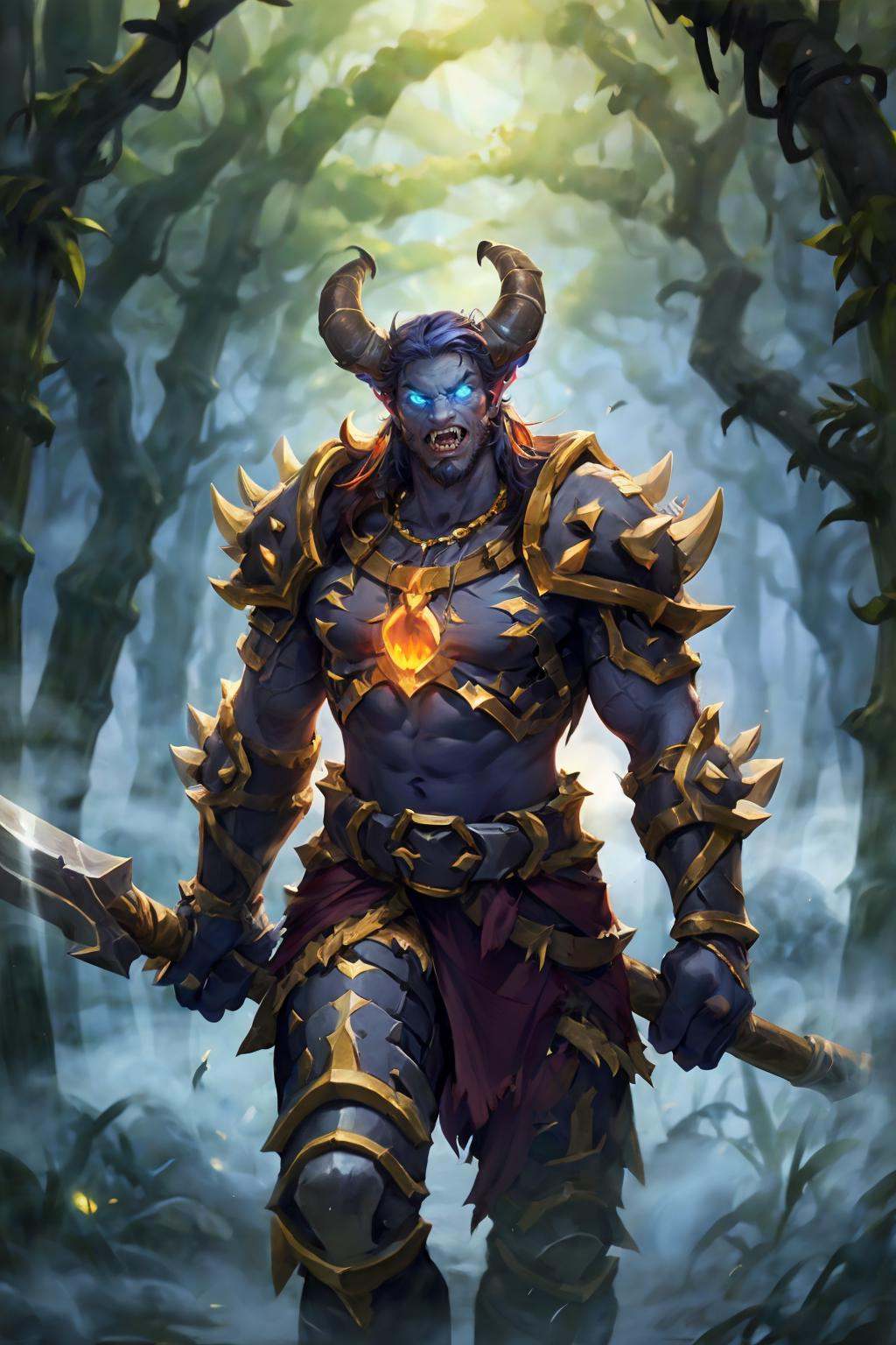 HEZI, Hearthstone, armor, glowing, 1boy, solo, male focus, glowing eyes, horns, weapon, nature, teeth, forest, monster, yellow eyes, spikes, helmet, tusks, outdoors, holding, colored skin, tree, looking at viewer, gauntlets, no humans, sharp teeth, blue skin, orange eyes, standing, watermark, hammer, artist name, breastplate, bamboo, axe, holding weapon, fangs, bamboo forest<lora:炉石传说-000006:0.7>,