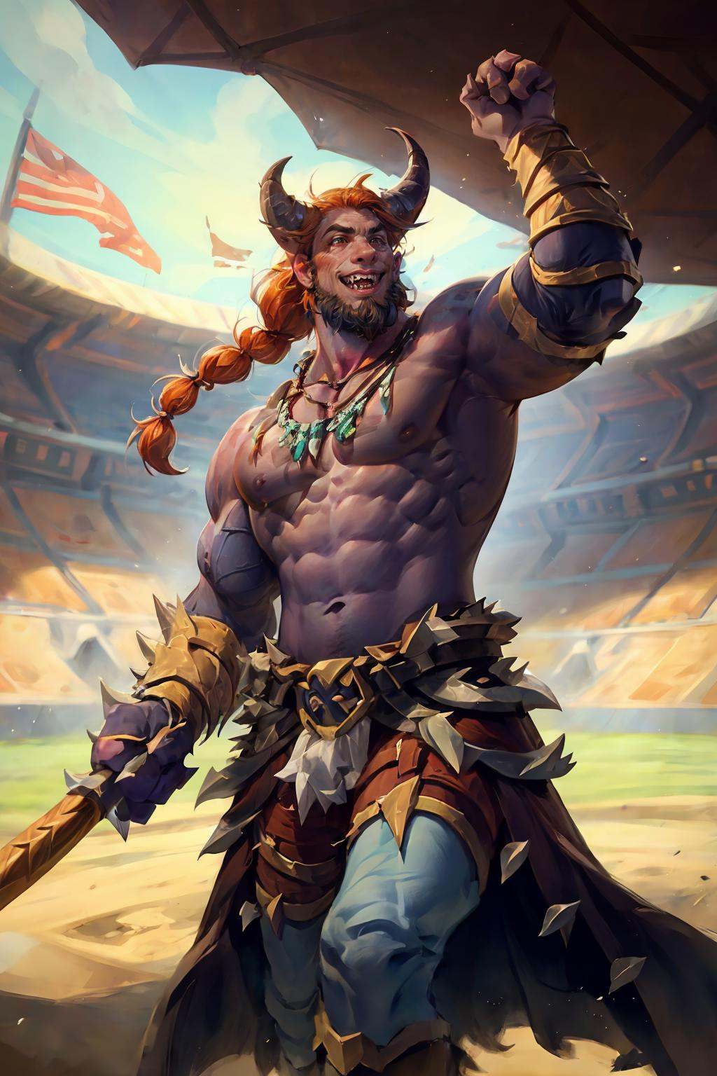 HEZI, Hearthstone, male focus, 1boy, weapon, tusks, necklace, solo, facial hair, holding, jewelry, holding weapon, beard, muscular male, teeth, standing, muscular, orange hair, long hair, braid, fangs, colored skin, pectorals, loincloth, ponytail, abs, tribal, outdoors, furry male, stadium, blurry background, polearm, horns, feet out of frame, smile, blue skin, furry, bracer, animal ears, tooth necklace, sharp teeth, topless male, bara, day, blurry, hair tie, armor, arm up, clenched hand, fangs out,<lora:炉石传说-000006:0.7>,
