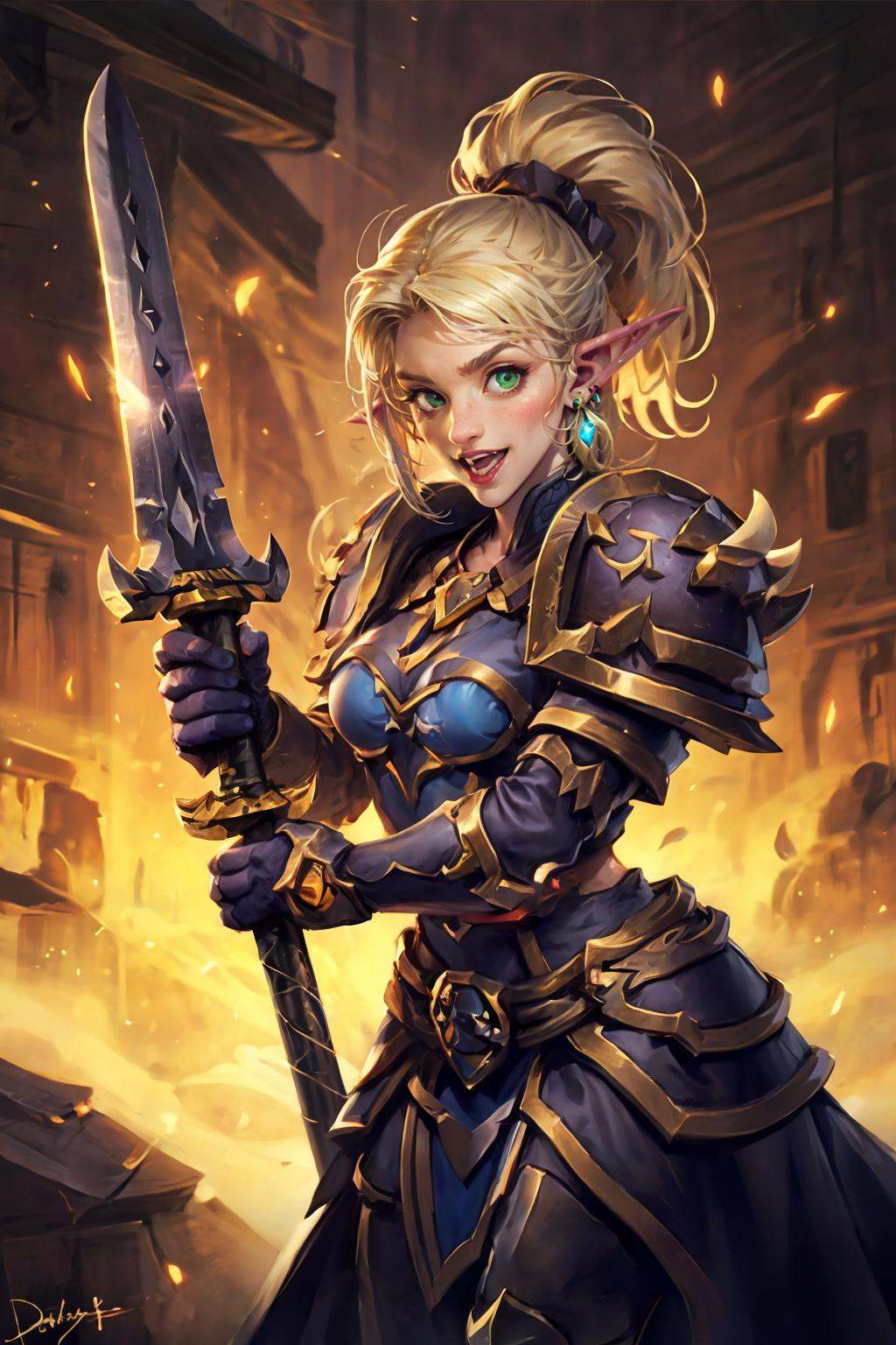 HEZI,Hearthstone,1girl,blonde hair,pointy ears,elf,solo,green eyes,armor,ponytail,glowing,long pointy ears,long hair,shoulder armor,weapon,smile,gloves,tabard,glowing eyes,pauldrons,holding,magic,signature,earrings,breasts,piercing,sword,looking at viewer,teeth,standing,book,artist name,holding weapon,open mouth,jewelry,lips,hand up,long sleeves,medium breasts,parted lips,indoors,<lora:炉石传说-000006:0.7>,