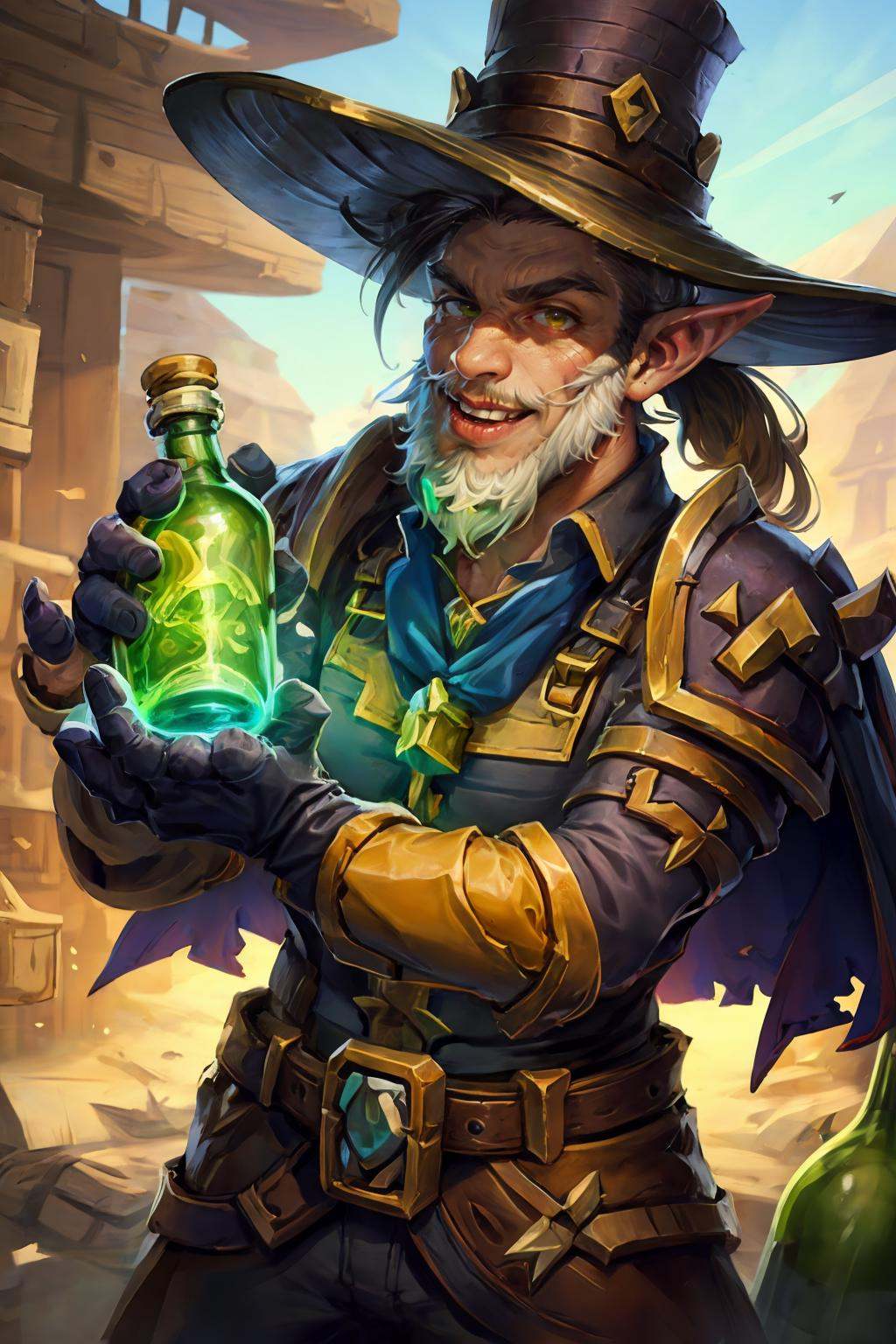 HEZI, Hearthstone, 1boy, solo, hat, male focus, gloves, yellow eyes, suspenders, holding, yellow gloves, colored skin, pointy ears, ponytail, long sleeves, upper body, top hat, looking at viewer, bottle, sky, green skin, potion, day, outdoors, black headwear, vial, yordle, green gloves, weapon, armor, yellow skin, glowing, gun, shoulder pads, blue sky, white shirt, artist name, facial hair, white hair<lora:炉石传说-000006:0.7>,