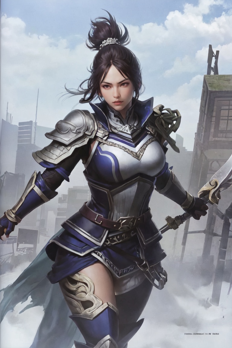 1girl, upper body,big_boobies,1boy, armor, beard, breastplate, dark skin, dual wielding, gloves, male focus, sanguowushuang style (/style/), solo, weapon