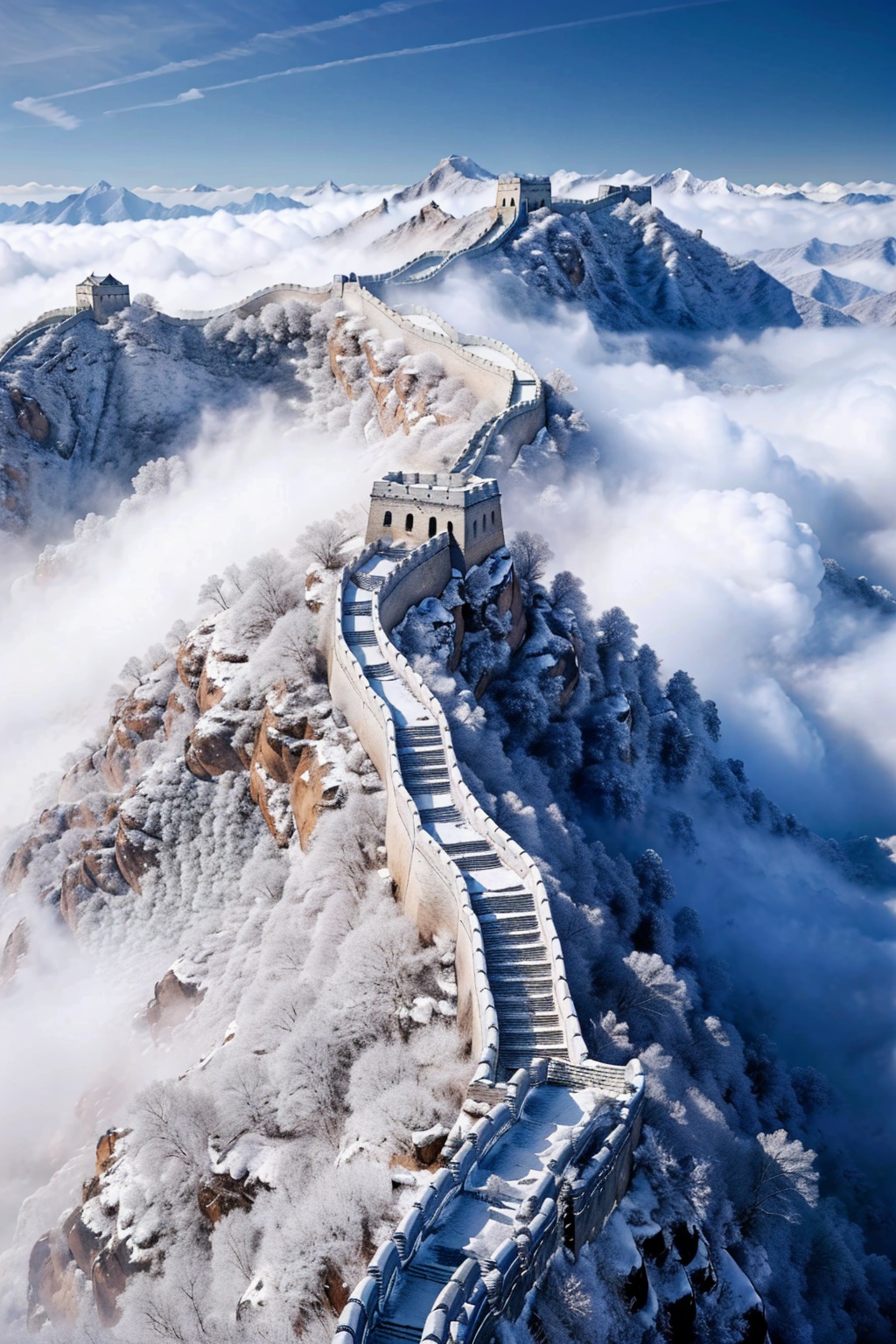  Best quality,8k,cg,
arafed view of a mountain with a building in the middle of it, great wall, the great wall, january, sha **, national geographic photo”, castle made of clouds, wall, a dragon made of clouds, beautiful high resolution, image credit nat geo, ancient chinese architecture, with snow on its peak, a beautiful, winter, by Shen Che-Tsai