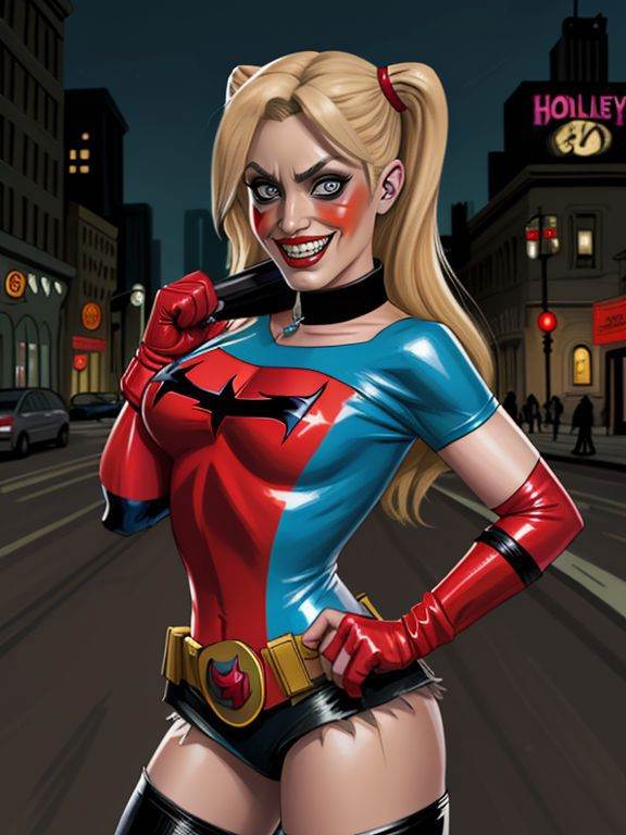 ((sfw)) Angela Sommers,  harley quinn \(cosplay\),  fighting crime on the streets of Gotham City on Tensor.Art
