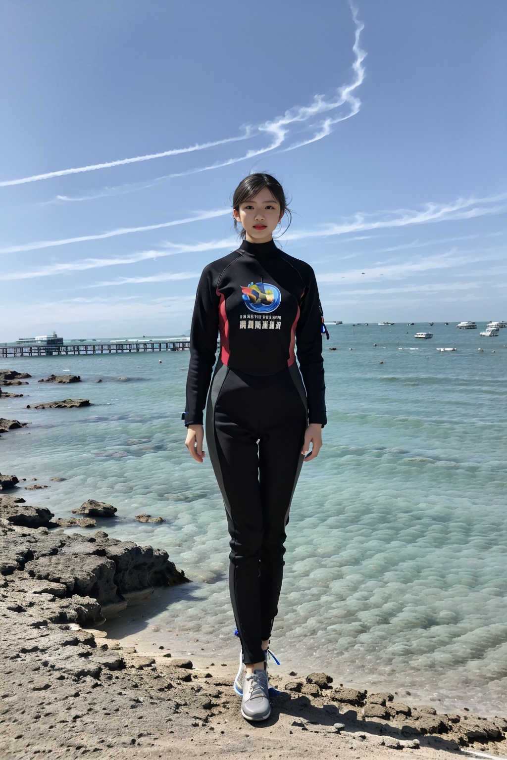(1girl:1.3), (best quality, masterpiece, ultra high resolution),(photorealistic:1.3), (realistic:1.3), depth of field,(full body:1.2), (outdoors:1.2), (day:1.2), (cinematic lighting:1.2), seaside, near, facing to camera