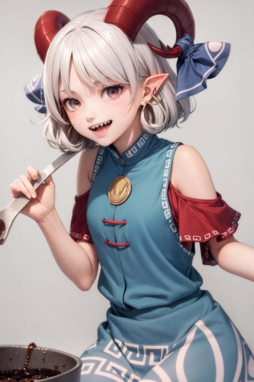 masterpiece, best quality, <lora:ToutetsuYuuma:1>,1girl, toutetsu yuuma,white hair,short hair,curly hair,sheep horns, horn ribbon,  pointy ears,  earrings, sharp teeth, red eyes, jewelry, patterned clothing,red sleeves, detached sleeves, bare shoulders,blue vest,blue skirt, oversized object,spoon,holding, (grey background:1.2),simple background, cowboy shot, smile,