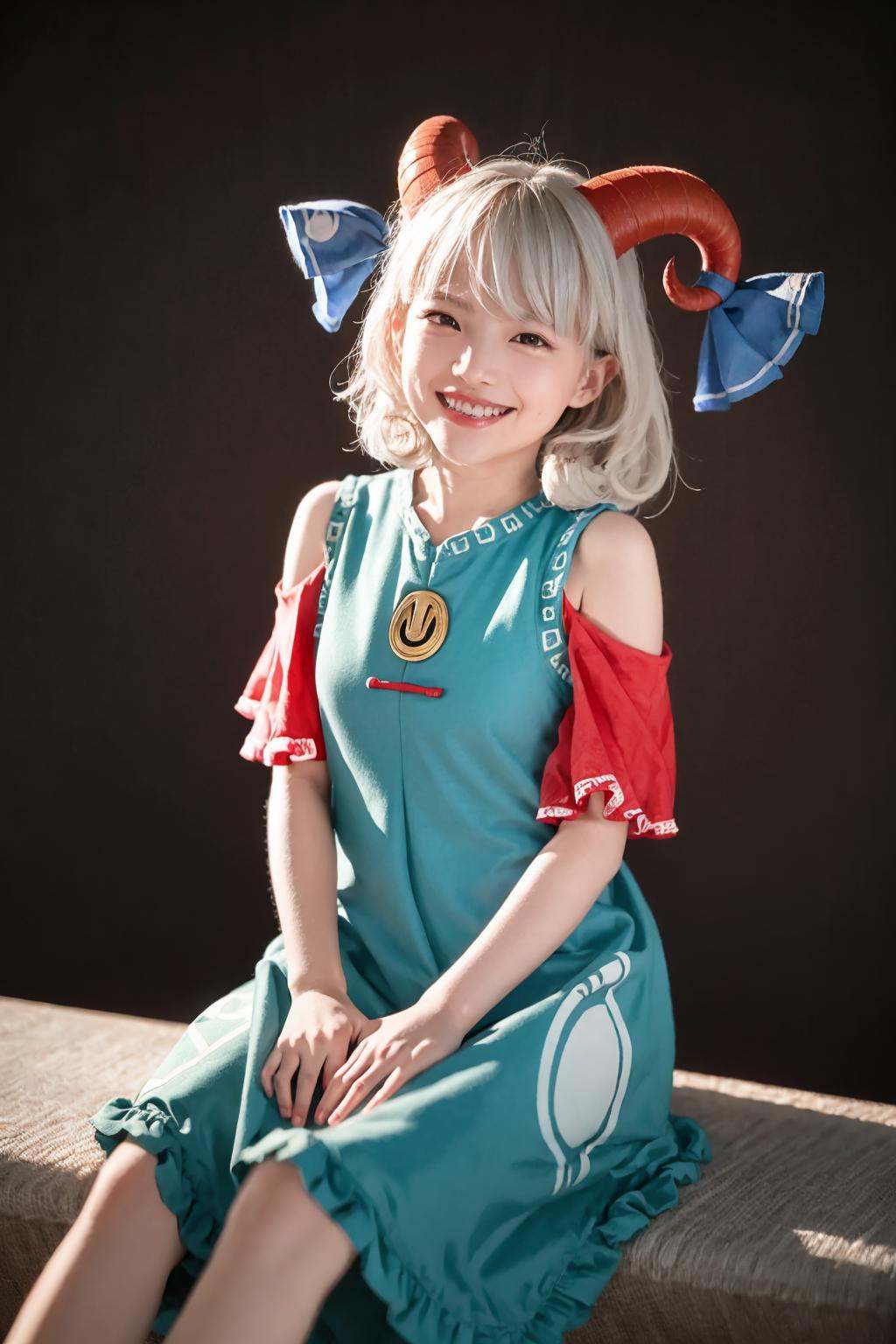 masterpiece, best quality,8K,realistic, High definition, photography, depth of field,HDR, highres,(photoshop \(medium\):1.2) ,20yo,large breasts, mature female, <lora:ToutetsuYuuma:1>,1girl, toutetsu yuuma, red eyes, horns, solo, dress, teeth, blue dress, sheep horns, white hair, sharp teeth, ribbon, horizontal pupils, sitting, looking at viewer, curly hair, bare shoulders, horn ornament, horn ribbon, smile, short hair, hair between eyes, red sleeves, detached sleeves, red horns, black background