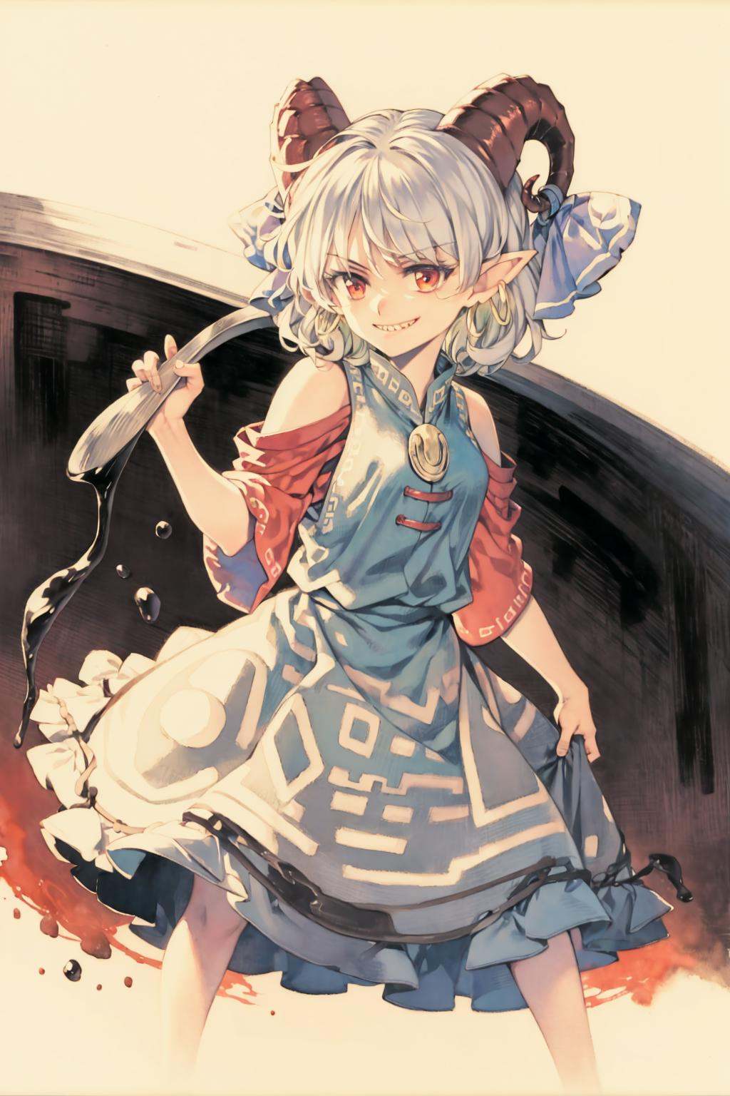 masterpiece, best quality,<lora:ToutetsuYuuma:1>, <lora:style19:1>,watercolor \(medium\), traditional media, 1girl, toutetsu yuuma, solo, horns, earrings, dress, red eyes, blue dress, jewelry, pointy ears, red sleeves, ribbon, white hair, sheep horns, teeth, smile, horn ornament, horn ribbon, oversized object, detached sleeves, short hair, sharp teeth, curly hair, bare shoulders, blue ribbon, patterned clothing, red horns, horizontal pupils, looking at viewer, standing, bangs, white background, barefoot, spoon, grin, holding, simple background