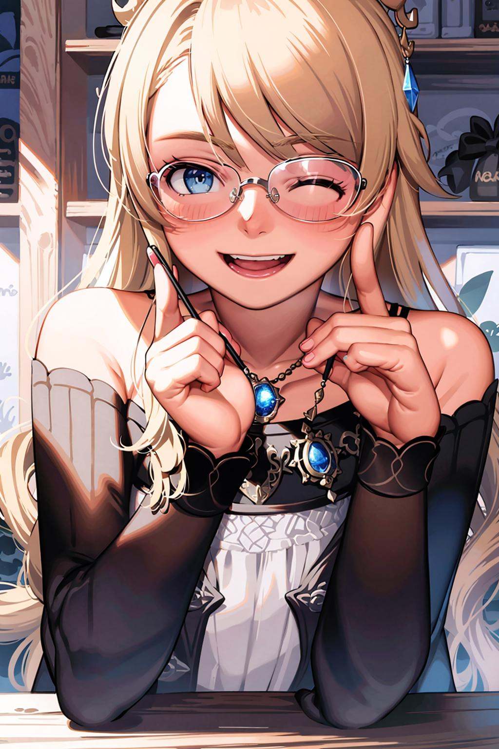 masterpiece, best quality, <lora:navia:1>, <lora:comiclo:1>,1girl, blonde hair, one eye closed, blue eyes, solo, virtual youtuber, tongue, jewelry, tongue out, heart, long hair, emoji, pink sweater, hair ornament, bow, earrings, necklace, looking at viewer, bangs, pink-tinted eyewear, smile, sweater, heart hair ornament, off shoulder, heart-shaped eyewear, tinted eyewear, sunglasses, pink bow