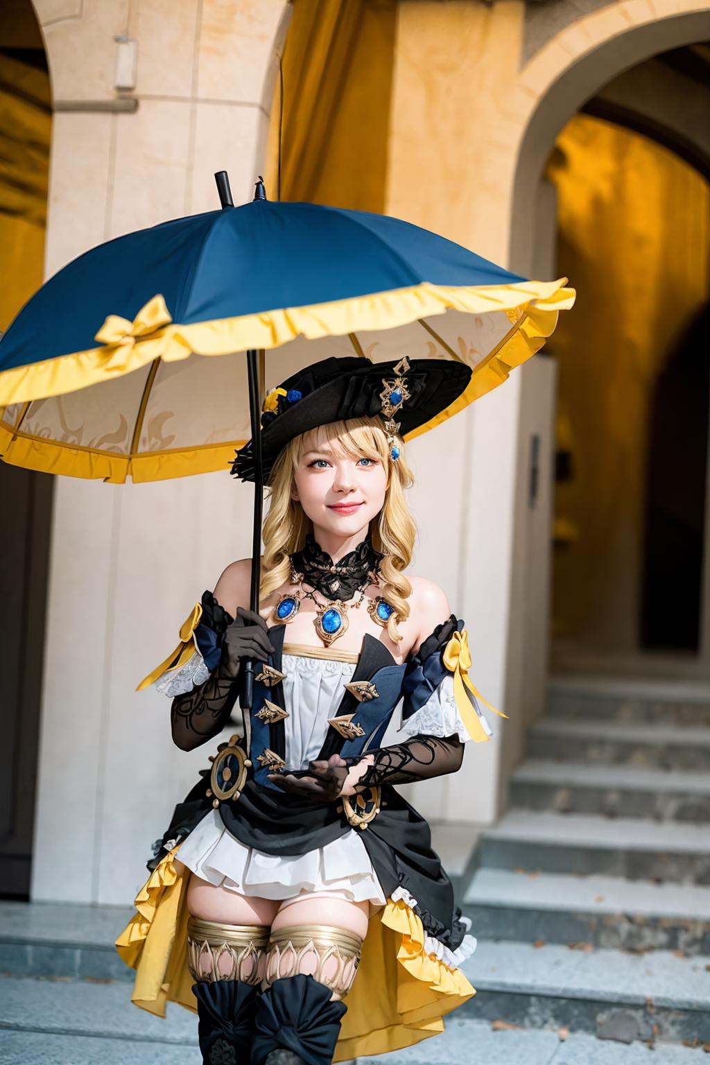 masterpiece, best quality,8K,realistic, High definition, photography, depth of field,HDR, highres,(photoshop \(medium\):1.4) ,<lora:navia:1>,1girl, umbrella, blonde hair, solo, hat, blue eyes, long hair, gloves, drill hair, dress, thighhighs, holding, holding umbrella, looking at viewer, bird, smile, black gloves, black headwear, thigh boots, outdoors, stairs, bangs, elbow gloves, closed mouth, bare shoulders, parasol, boots, jewelry, flower, twin drills, cowboy shot
