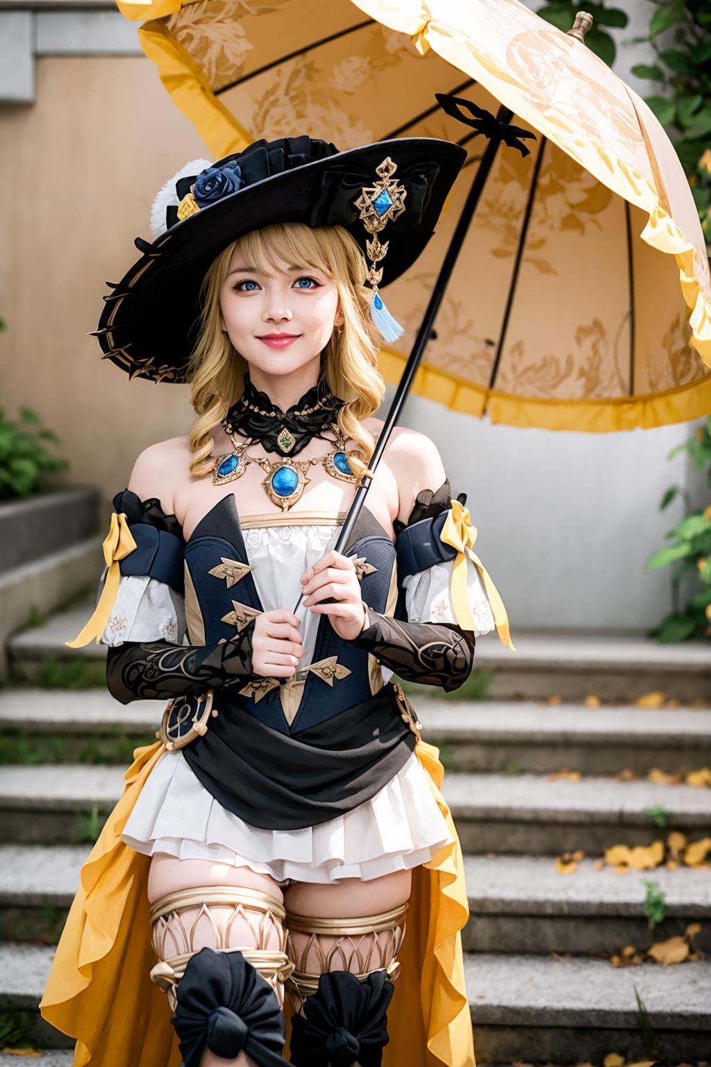 masterpiece, best quality,8K,realistic, High definition, photography, depth of field,HDR, highres,(photoshop \(medium\):1.4) ,<lora:navia:1>,1girl, umbrella, blonde hair, solo, hat, blue eyes, long hair, gloves, drill hair, dress, thighhighs, holding, holding umbrella, looking at viewer, bird, smile, black gloves, black headwear, thigh boots, outdoors, stairs, bangs, elbow gloves, closed mouth, bare shoulders, parasol, boots, jewelry, flower, twin drills, cowboy shot