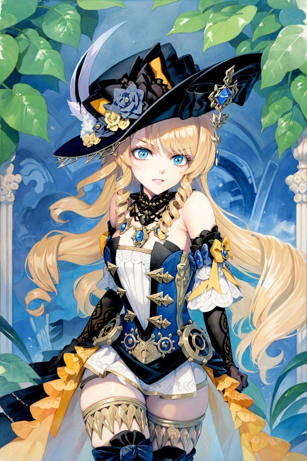 masterpiece, best quality, <lora:style19:1>,watercolor \(medium\), traditional media, <lora:navia:1>,1girl, blonde hair, solo, hat, blue eyes, long hair, gloves, drill hair, dress, thighhighs,black gloves, black headwear, thigh boots, bangs, elbow gloves, bare shoulders, parasol, boots, jewelry, flower, twin drills, 